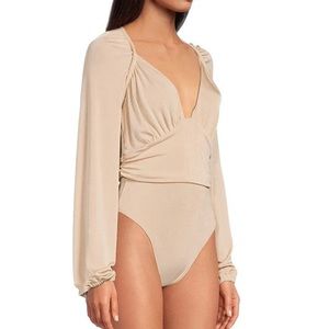 In Your Arms Slinky Knit Plunge V-Neck Long Blouson Sleeve Ruched Bodysuit